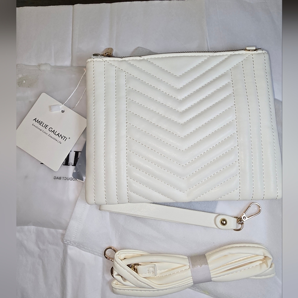NEW Amelie Galanti White Quilted Crossbody Clutch – Faux Leather Wristlet Bag